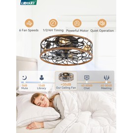 LEDIARY Caged Ceiling Fans with Lights, Farmhouse Flush Mount Ceiling Fan with Remote&App, Black&Walnut Low Profile Ceiling Fan Light Fixture for Bedroom, Kitchen, Dining Room.