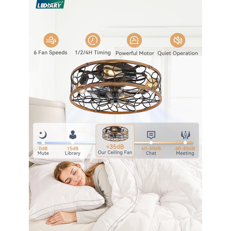 LEDIARY Caged Ceiling Fans with Lights, Farmhouse Flush Mount Ceiling