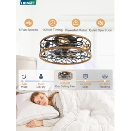 LEDIARY Caged Ceiling Fans with Lights, Farmhouse Flush Mount Ceiling Fan with Remote&App, Black&Walnut Low Profile Ceiling Fan Light Fixture for Bedroom, Kitchen, Dining Room.