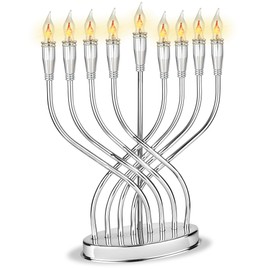 Aviv Judaica Large Branched Electric Menorah Chrome-Plated Polished 15" Tall x 12.5" Wide Hanukkah Menorah with 9 Flickering Lights Flameless Chanukiah for Offices Banks, or Homes