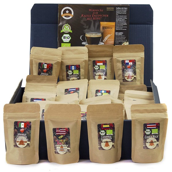 C&T Coffee Gift Set Organic Fair Trade 24 Packs of 20 g (Whole Bean) with 24 Organic, Rarity and Fair Trade Coffees Plus Surprise Gift for Men and Women