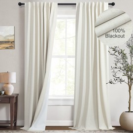 Natural Linen Back Tab Blackout Curtains & Drapes 96 Inch Long for Bedroom Livingroom Farmhouse Curtain 2 Panel Neutral Cute Black Out Room Darkening Thermal Insulated 8ft Pleated Window Curtain Cream