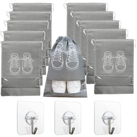 Pack of 10 Large Travel Shoe Bags, Grey Dust Bags with Sneaker Design, Portable Waterproof Packaging Organiser, Shoe Bag Case with 3 Transparent Hooks, Ideal for Travel, Household, Sports