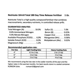 Nutricote Total 18-6-8 180 Day 1 lb Time Release Fertilizer. Great for Orchids, bromeliads, Nursery, & Potted Plants.