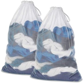 2 large mesh laundry bags with drawstring, machine washable, suitable for university dorms (white, 76 x 100cm)