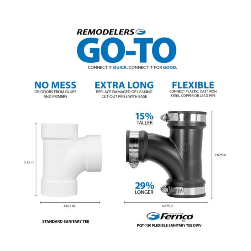 Fernco 1.5" Flexible PVC Sanitary Tee Includes Optional 1.25" Reducer