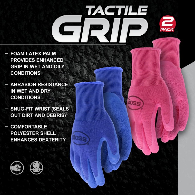 Boss Women's Tactile Grip Foam Latex Coated Work Gloves, 2-Pack,