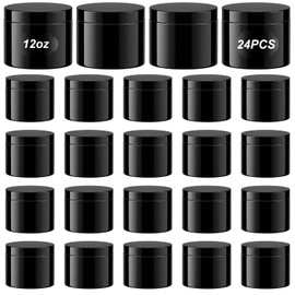 24 Pack 12 oz Black Plastic Jars with Black Lids, Empty Cosmetic Containers