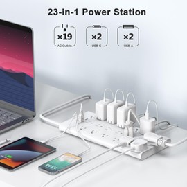 Power Strip Surge Protector, JcBlaon 19 Widely Spaced Outlets with 4 USB Ports, 5FT Flat Plug Heavy Duty Extension Cord with Multiple Outlets, 1875W/15A, 2100J, Wall Mount Holes for Home, Office, Dorm