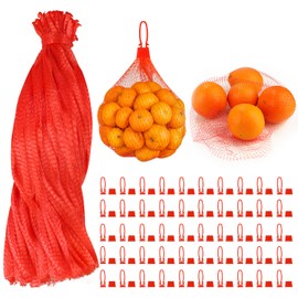 ROLYTA 100 Pcs Mesh Vegetable Bags, 20 Inch Reusable Nylon Net Bags for Produce with 100 Loop Closures, Onion Storage Bags for Vegetables Fruits Seafood(Red)