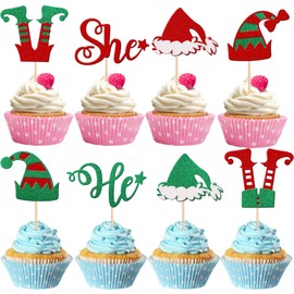 24 piezas de adornos para cupcakes de elfo de Navidad, color verde y rojo con purpurina, sombrero de Papá Noel, patas de elfo, púas para cupcakes para Feliz Navidad, revelación de género, baby shower, fiesta de cumpleaños, decoración de pasteles