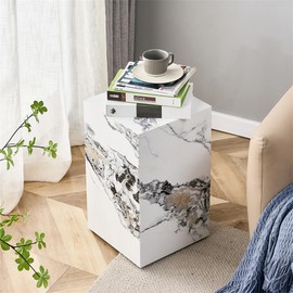 BAOPIN End Table, Side Table Living Room Table, Faux Marble Sofa Couch White Bedside Nightstand for Small Space