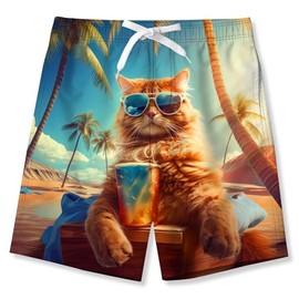 Cozople Swim Trunks for Boys Quick Dry Hawaiian Cat Swimsuits Cool Mesh Liner Lightweight Boardshorts with Pocket for Summer