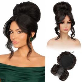 Messy Bun Hair Piece with Bangs – 2-in-1 Drawstring Ponytail Extension Updo Wig & Hair Topper with Long Side Bangs, Natural-Looking Hair Bun Hairpieces for Women - Off Black