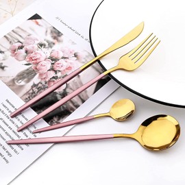 IMLUCKY Juego de cubiertos de acero inoxidable: Cubiertos de 24 piezas Utensilios para comer con cena Tenedores Cucharas Cuchillo para carne Servicio 6 (Oro rosado)