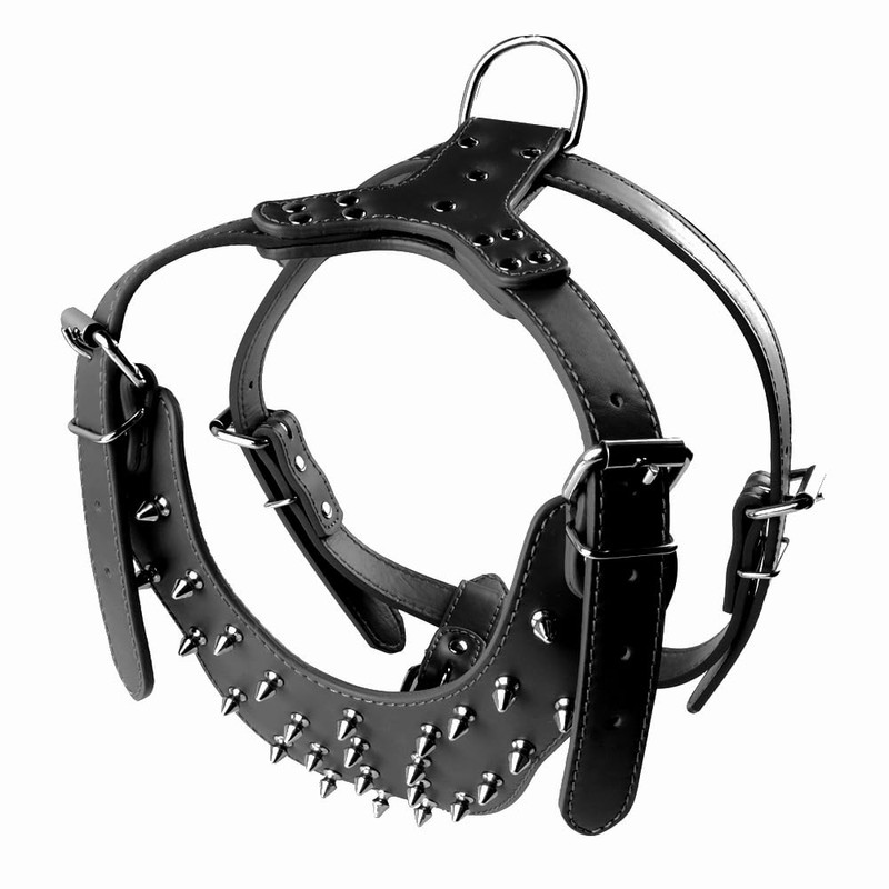 Serijoars Spiked Studded PU Leather Dog Harness Collar Set for