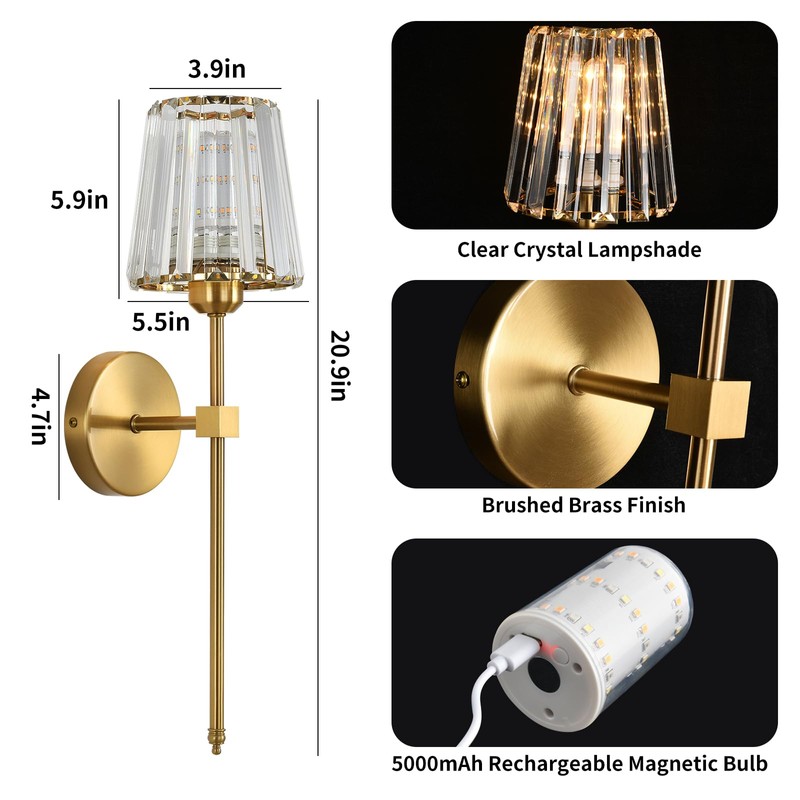 Battery Operated Crystal Wall Sconces Set of 2, Gold Wireless