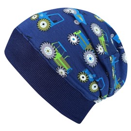Wollhuhn 20170814 Lightweight Beanie Hat, Tractor in Dark Blue with Dark Blue Cuff, for Boys and Girls - 48-50