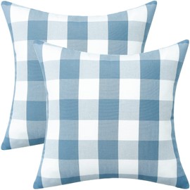 VOGOL Blue & White Buffalo Check Decorative Throw Pillow Case, 18 x 18 Inch Linen Look Square Cushion Covers for Farmhouse Bed Couch Country Decor, Set of 2