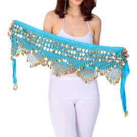 Costume Bay Womens Velvet Belly Dance Hip Scarf/Belly Dancing Skirt with 268 Coins/Belly Dance Tribal Sash Belt Scarf Skirt Wrap (Light Blue, ONE)