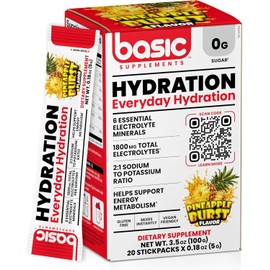 Basic Hydration Electrolyte Drink Mix, 1800mg Total Electrolytes, 6 Essential Minerals, 2:1 Sodium Potassium Ratio, 0 Sugar, Vegan & Gluten Free, 20 StickPacks