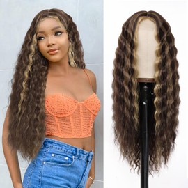 Mairead Highlight Honey Blonde Lace Front Wig 28 Inch Curly Wig Long Wigs for Black Women 4/27 Ombre Deep Wave 4'' Simulated Scalp Middle Part Synthetic Natural Crimps Curls Hair Replacement Wigs…