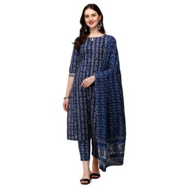 FIORRA Kurta recto de algodón para mujer con pantalón y Dupatta (SET0049), Azul / Patchwork, XX-Large
