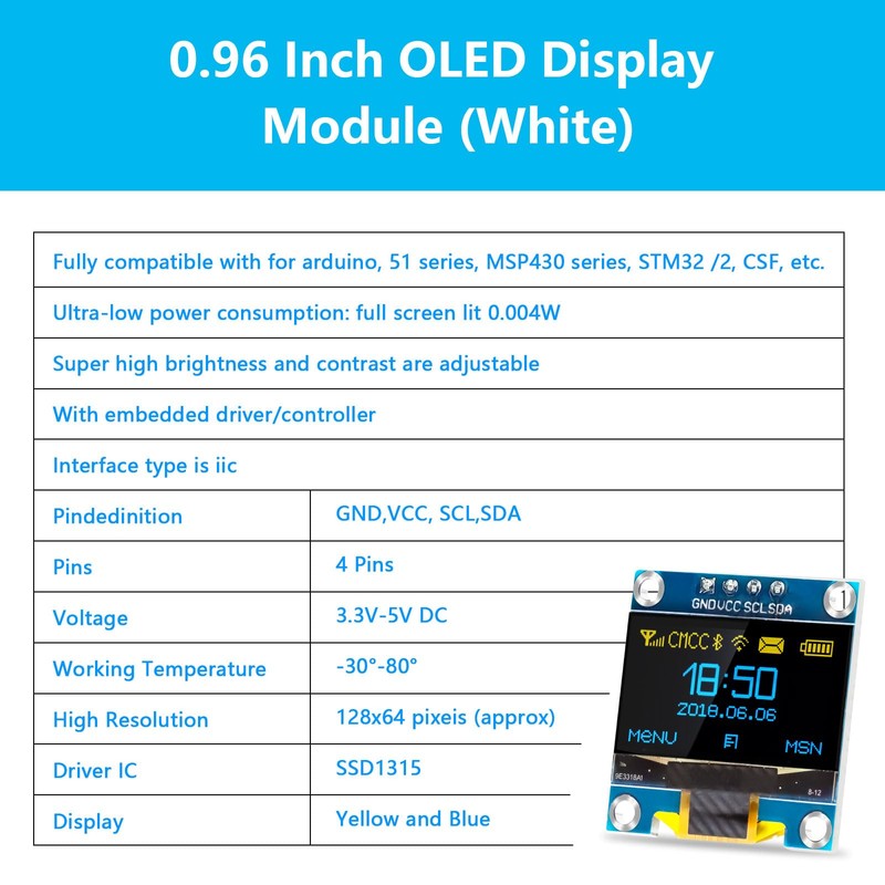 QIQIAZI 0.96 Inch OLED Display I2C Module, 5 Pieces I2C