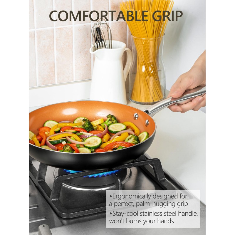 MICHELANGELO 10 Inch Copper Nonstick Frying Pan with Lid, Scratch