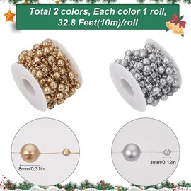 SUNNYCLUE 20M Wedding Garland Bead Gold Pearl Strands White Plastic Round Artificial Pearl String Bead Centerpieces Roll Tree Strand Decoration Small Silver Bead Chain for Home Outdoor Party Decor