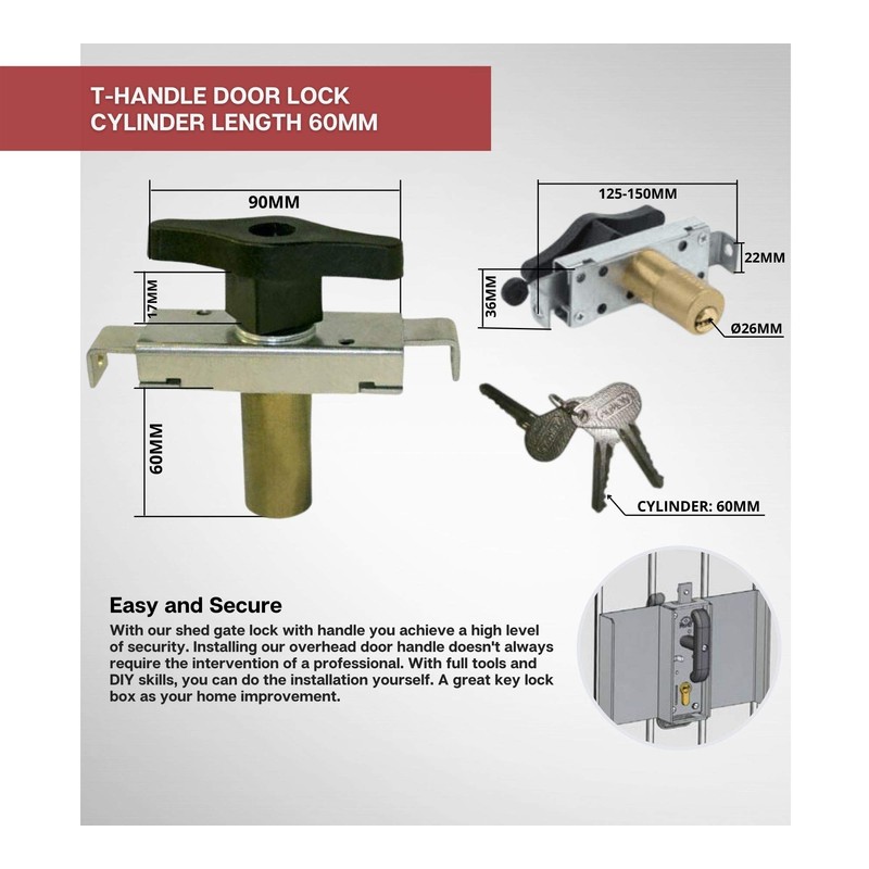 DOJA Industrial T-Handle Door Lock, Cylinder Length 60, 1 Unit,