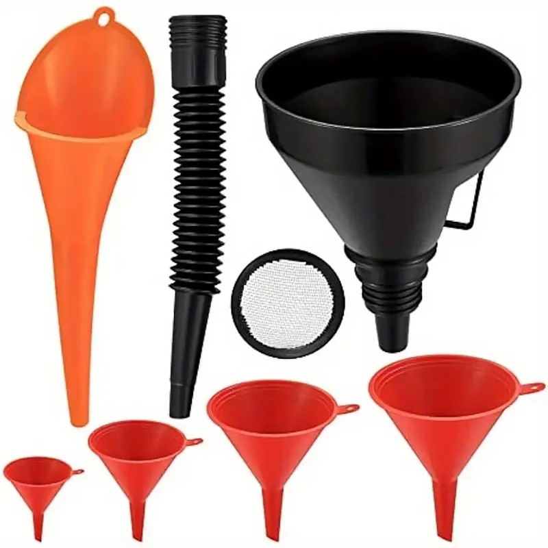 8 or 11-Piece Automotive Funnel Set – Plastic Wide-Mouth Funnels