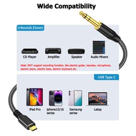 Rliwov USB C to 1/4 TRS Stereo Audio Cable, 16FT USB Type C to 6.35mm 1/4 inch Male Audio Adapter for i-Phone 16/15, Pixel 5XL, Amplifier, Home Theater, Speaker [Not Support Recording]