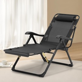 Athena Collection Zero Gravity Outdoor Lounge Chair Recliner, 29" Width Reclining Pool Lounge Lawn Chairs with Headrest Curved Armrest Foot Pad, Outdoor Chaise for Beach Patio Outside, Black