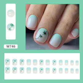 Ombre Press on Nails Short Square Fake Nails Green Gradient False Nails With Leaves Designs Full Cover Glue on Nails Coffin Acrylic Artificial Nails Stick on Nails for Women Nail Art Decorations 24Pcs