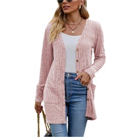 Famulily Women's Long Sleeve Open Front Cardigans, Button Down V Neck Lightweight Outwear Pullover with Pockets, pink