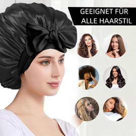 YENTEN Double Night Hat Made of Silk Satin, Silk Hood for Sleeping, Adjustable Night Sleep Hat, Non-Slip Bonnet Sleep Cap for Women (Black), black, L