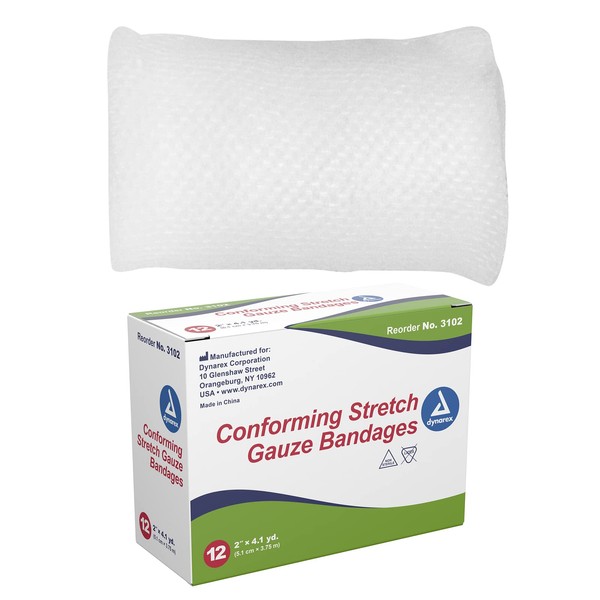 Dynarex Stretch Gauze Bandages, 2" x 4.1 yds, Non-Sterile & Latex-Free, Provides Wound Care in Medical and Home Environments, Individual Rolls, 1 Box of 12 Bandages