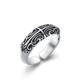 Auriselle Men's Viking Ring with Crucifix Carving Pattern, Open Adjustable Retro Punk Gothic Jewellery, Unisex Vintage Party Christmas Gift for Men Boys Women, Alloys