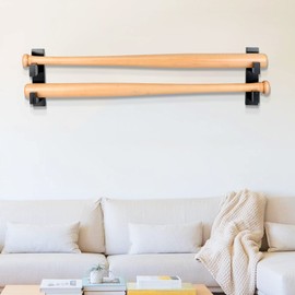 Invech 2 Black Baseball Bat Holder, Baseball Bat Display Wall Mount, Sturdy Wood Bat Horizontal Rack, Baseball Bat Hanger with Screws & Anchors