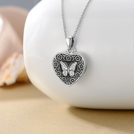 AOBOCO Heart Locket Necklace That Holds Pictures Sterling Silver Flower Lockets Jewelry for Women - Always in My Heart (Cherry blossoms-Butterfly)