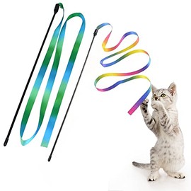LASOCUHOO Interactive Cat Rainbow Wand Toys, Interactive Cat Teaser Wand String, Colorful Ribbon Charmer for Kittens - 2 PCS