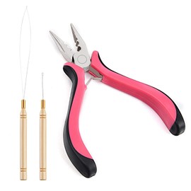 Vlasy Hair Extensions Pliers Kit, 3PCS Professional Hair Extensions Tool Kit with 3 Holes Hair Extension Pliers, Loop Needle Threader and Pulling Hook Needle for Nano Beads and Microlink Beads (Pink)