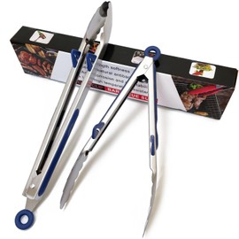 Kitchen Grilling Tongs 9"+12”, 2Pcs Stainless Steel Tong for Cooking with Stand, Food Grade Small Serving Tong for Barbecue Salad, Blue