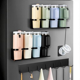 4 Pack Magnetic Cup Holder for Fridge, Magnetic Cup Holder with Tumbler Lid Organizer for for 20oz 30oz 40oz Cup, Water Bottle Organizer Rack with 7 Hooks for Kitchen Fridge Cabinets (Black, 8 Cups)