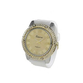 GENEVA PLATINUM 12278712 Women's Czech Rhinestone Roman Numeral Silicone Watch-WHITE/GOLD