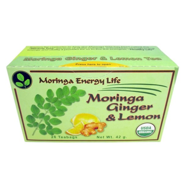 MORINGA ENERGY GINGER & LEMON TEA - USDA Organic 28 Tea Bags, Nature´s Potent Botanical for Nutrients, Vitamins & Minerals