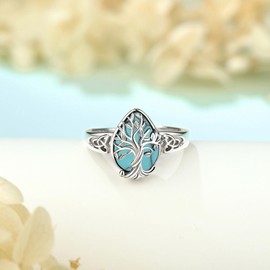 Vito 925 Sterling Silver Turquoise Tree of Life Ring for Women Men, Adjustable Teardrop Crystal Tree Open Band Rings Protection Amulet Jewelry Gift for Mom, Sterling Silver, Turquoise
