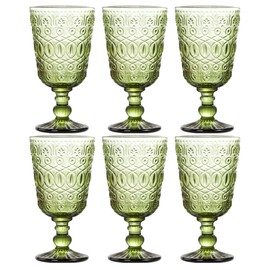 6 Pack Vintage Embossed Glass Goblets – 10oz Colored Wine Glasses with Relief Pattern, Thick Glassware for Red Wine, Water, Cocktails – Original Color, Never Fades, Dishwasher Safe (Olive Green)