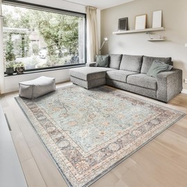 GLN Rugs Traditional Collection - Machine Washable Area Rug, Traditional Washable Rug, Non Slip Washable Rug, Low Pile Chenille Living Room Rug, Bedroom Rug, Kitchen Rug (6'x9' Blue Floral Rug)